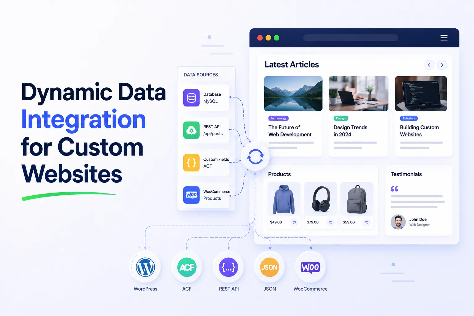 Dynamic data integration for custom websites