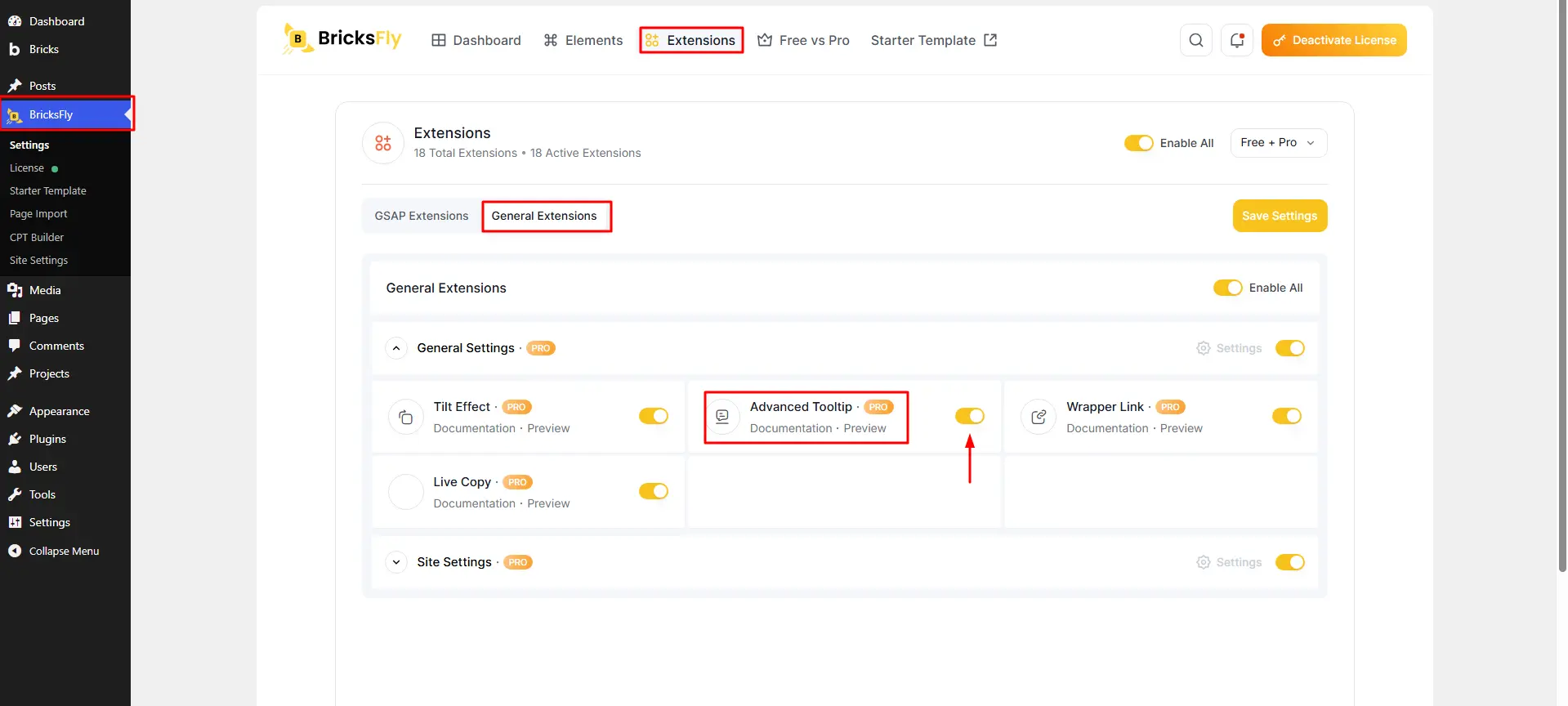 Activate advanced tooltip bricksfly 