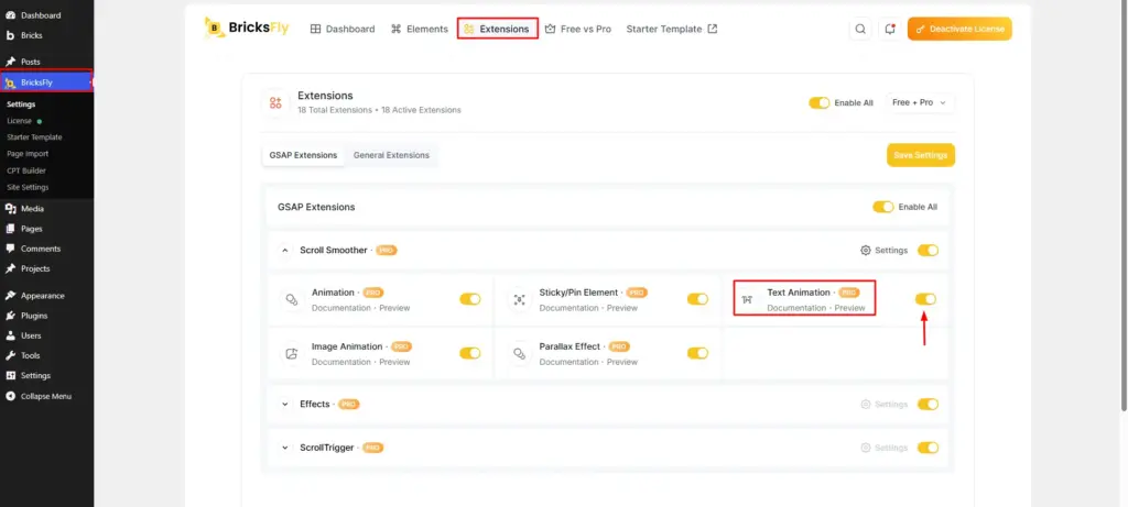 Activate text animation in bricksfly  