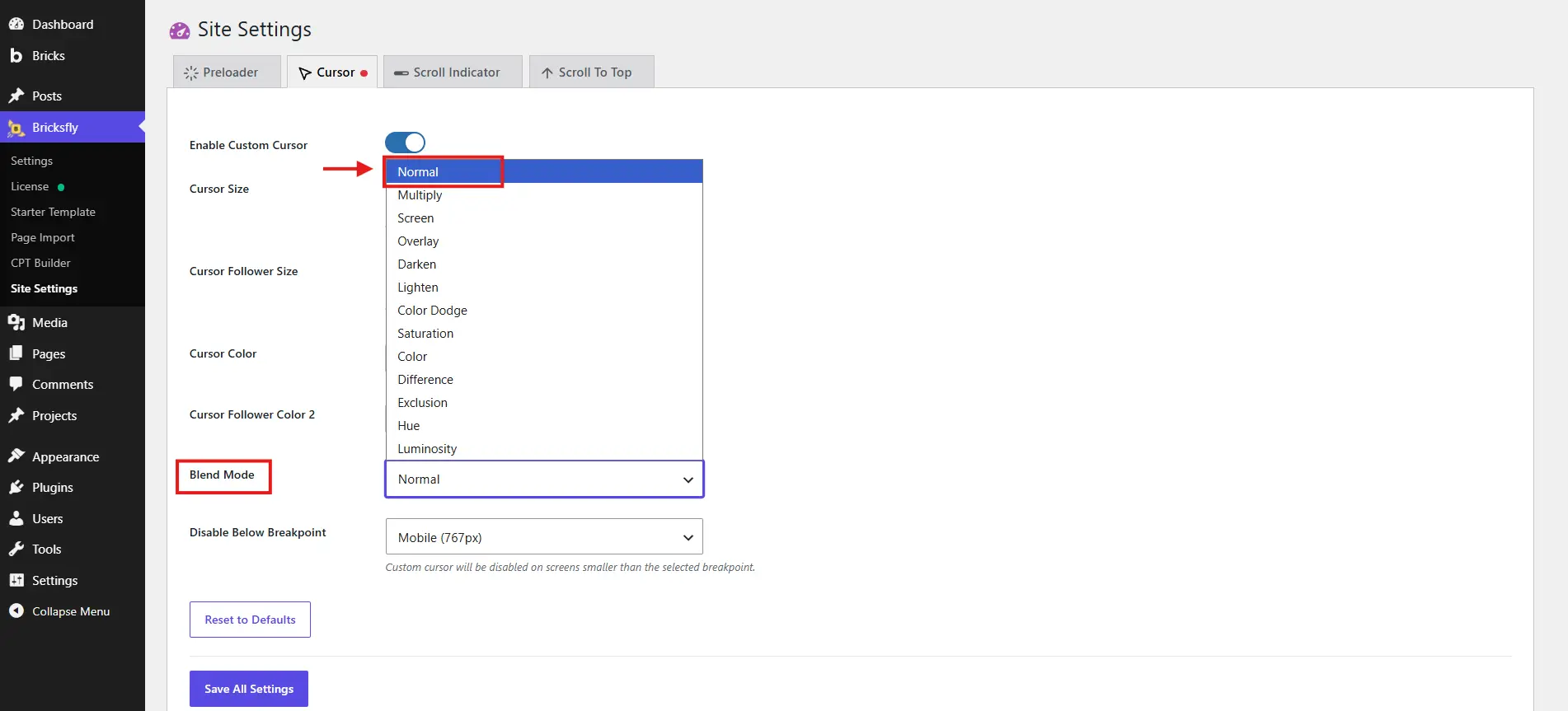 Blend mode settings 