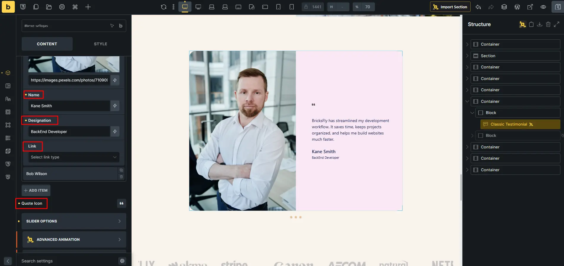 Configuration of testimonials