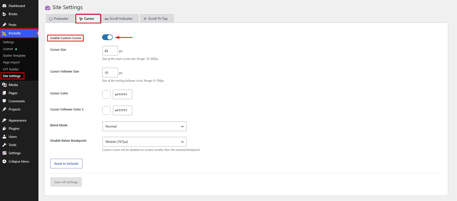 Enable cursor on site settings 