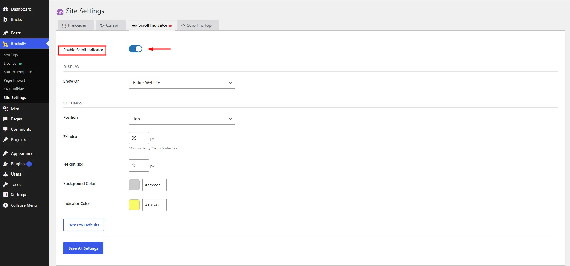 Enable scroll indicator in site settings 