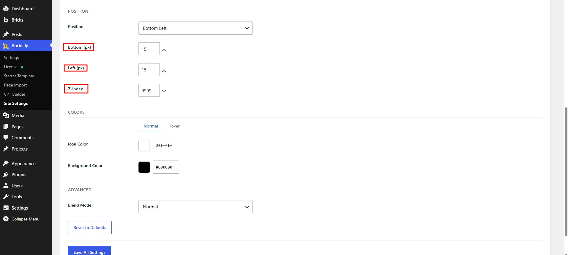 Position layout settings 