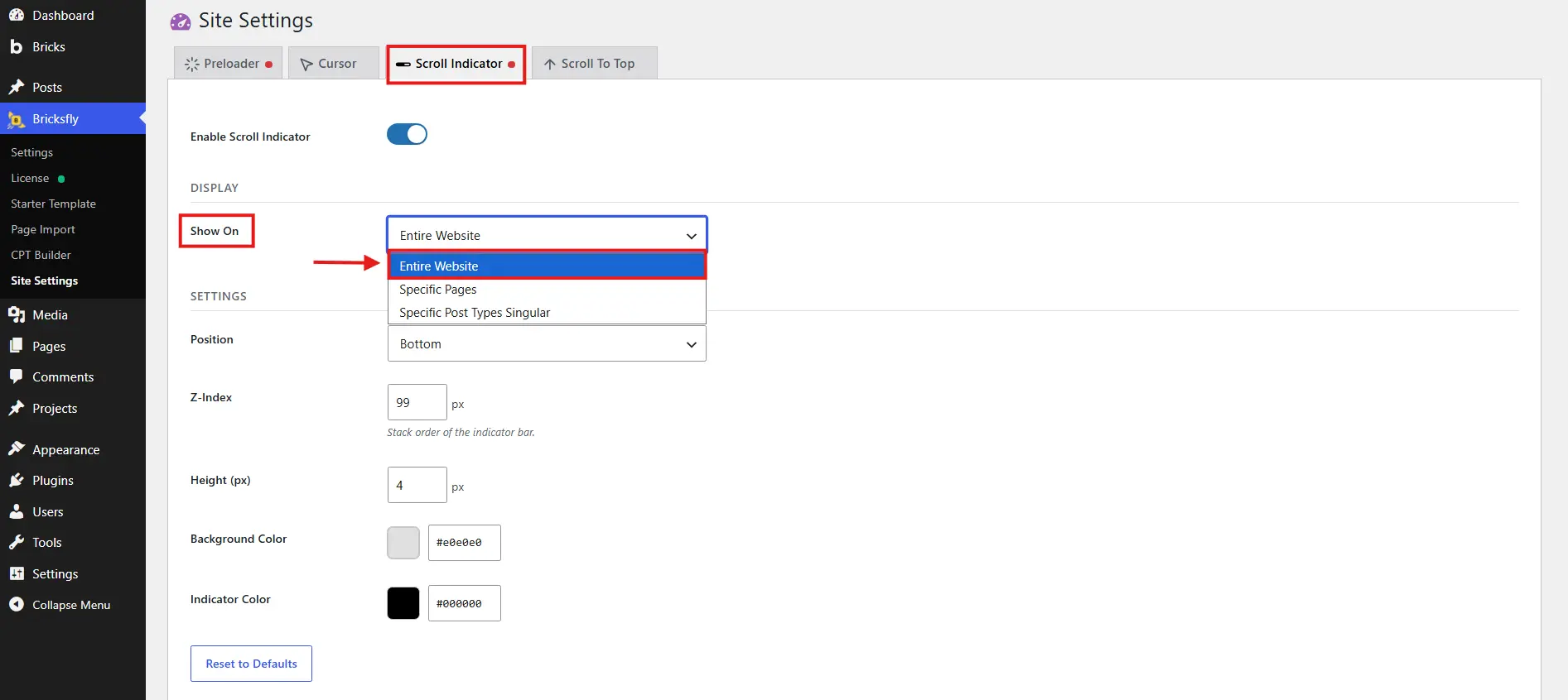 Show on settings 