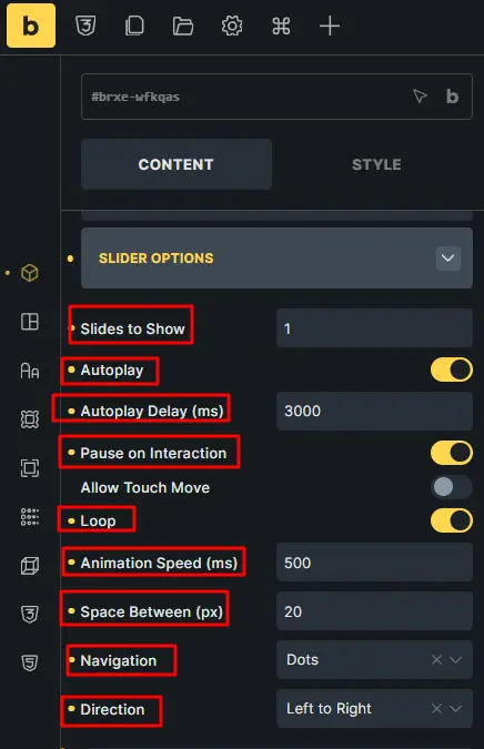 Slider options configuration