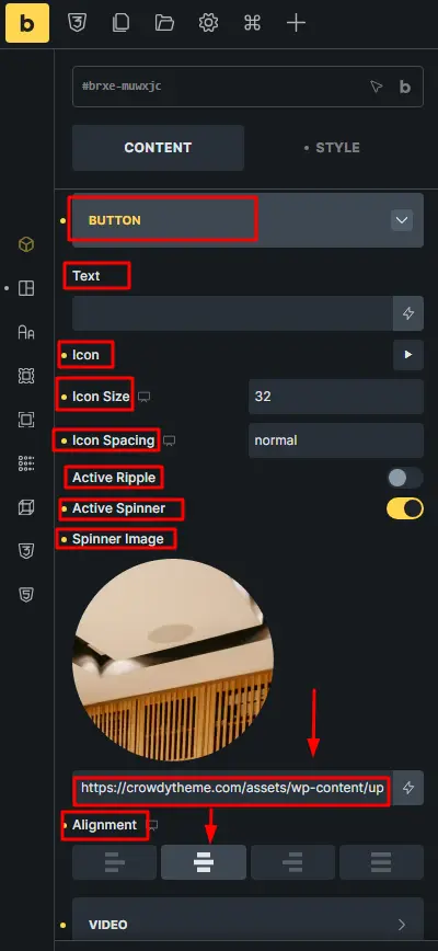 Video pop up button configuration