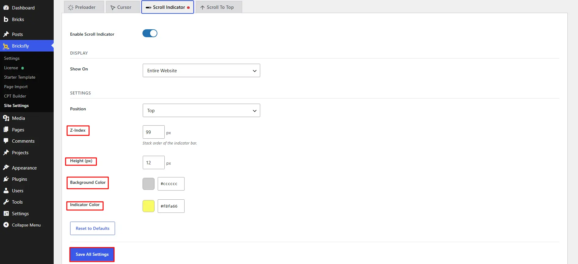 All the layout settings 