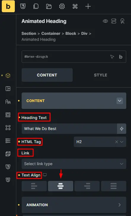 Configuration the heading content