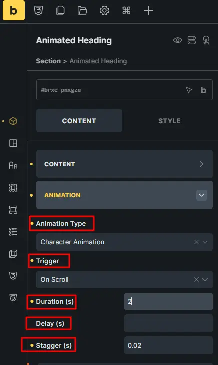 Configure the heading animation