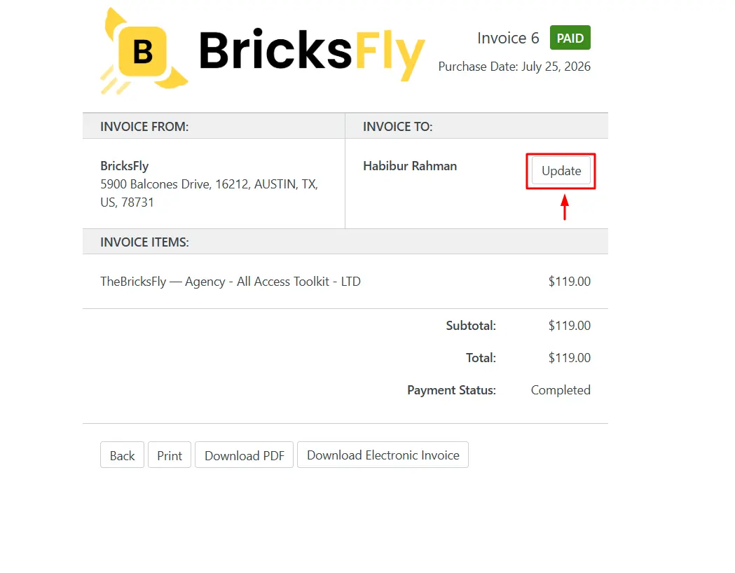 Open the invoice update panel 1