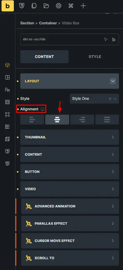 Select the video box alignment